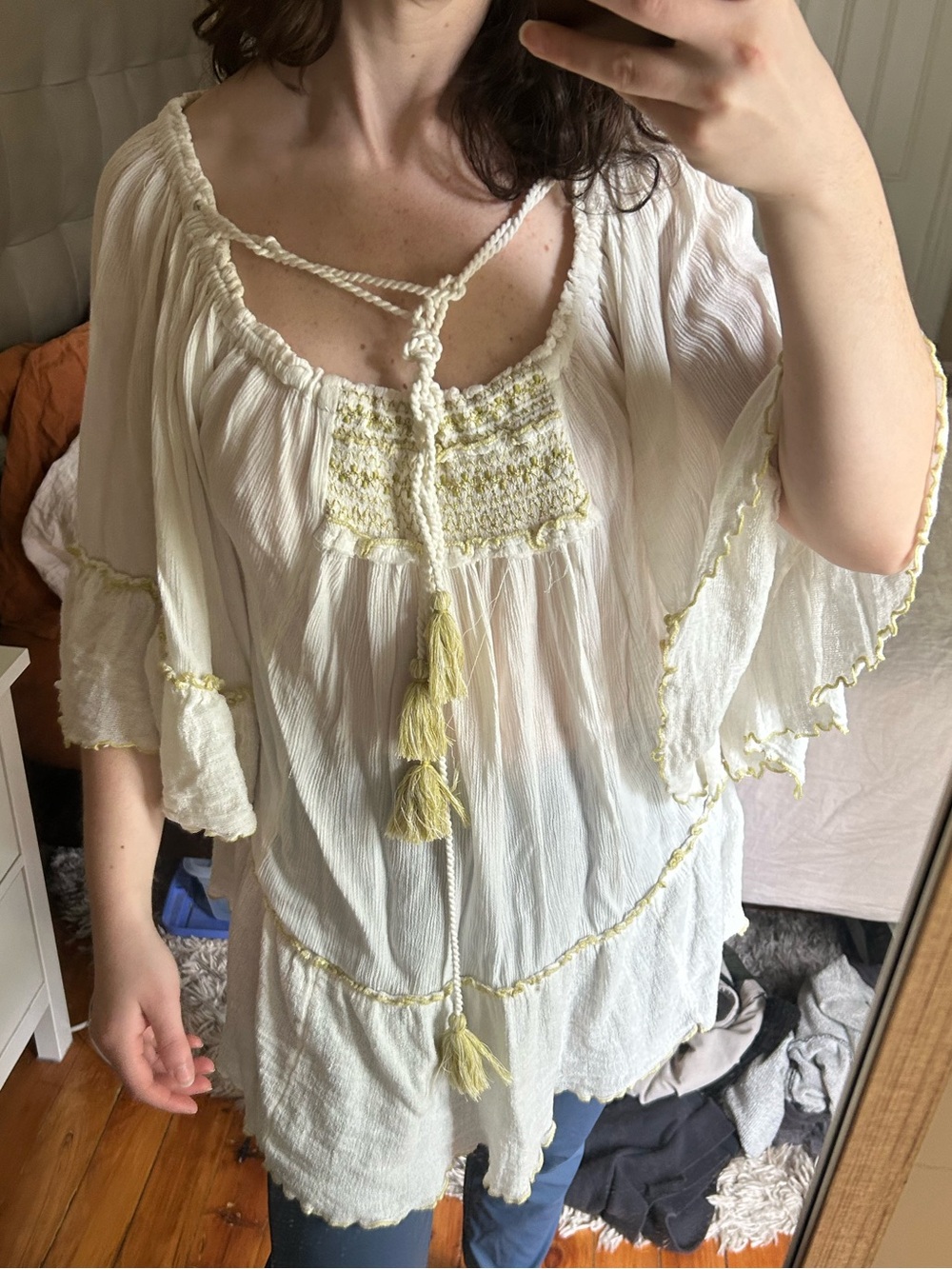 Free people gauze white green tassel embroidered tunic smocked small